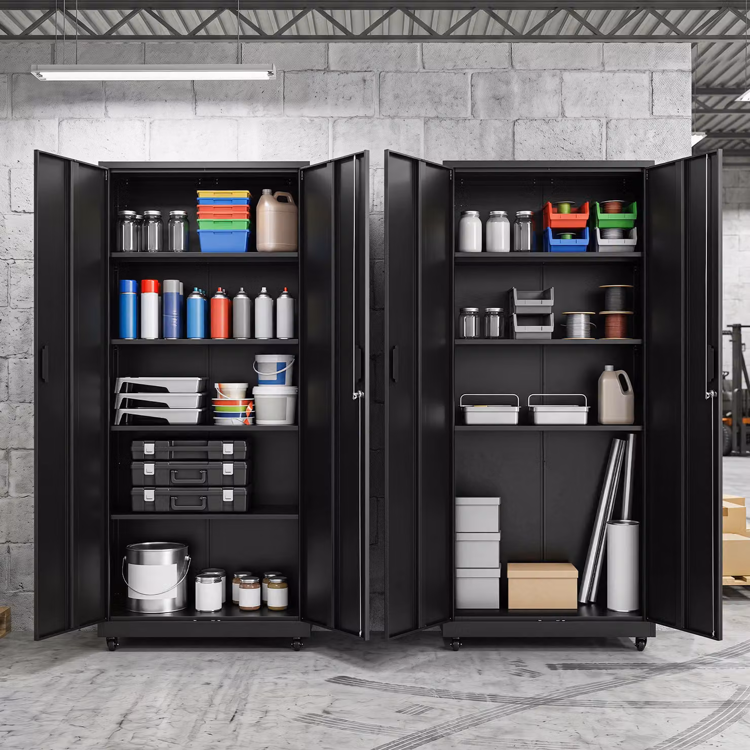 Armadio archivio Costway in acciaio con 5 ripiani regolabili e 2 ante, mobile credenza con ruote bloccabili per ufficio e garage, Nero opaco