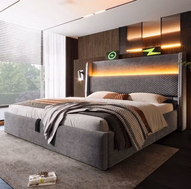 Letto 140x200 cm con contenitore idraulico; LED e USB Type C in lino grigio