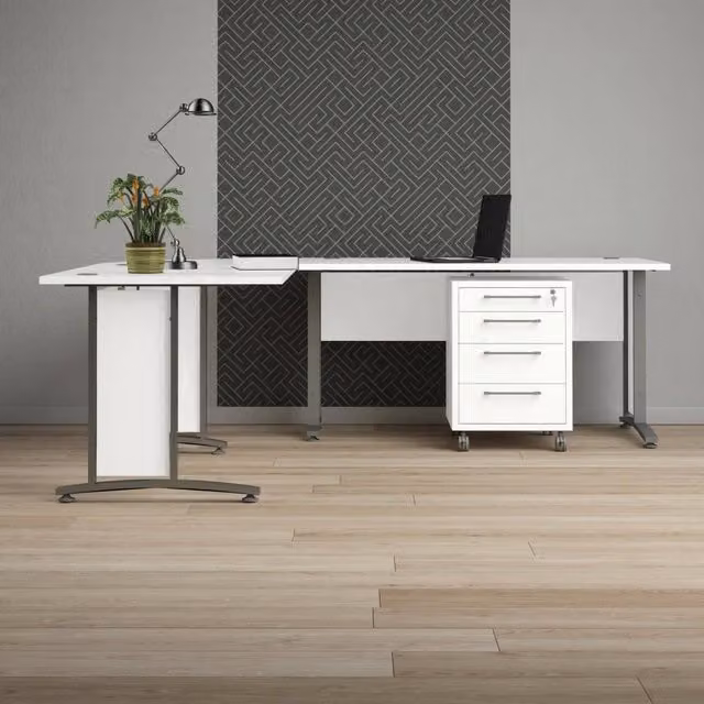 Scrivania Megh DMORA moderna con cassettiera, tavolo da ufficio rettangolare in MDF laminato opaco, L 200 cm x P 230 cm x H 75 cm, Bianco e Grigio – 1