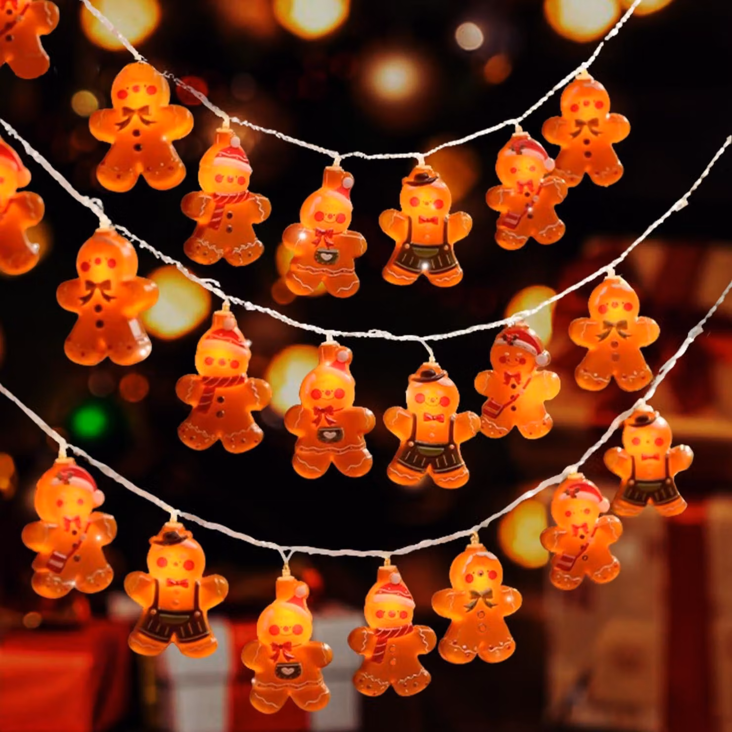 Decorazione natalizia: tenda luminosa di 3 metri con 20 LED a forma di omino di pan di zenzero, ideale per feste e Natale