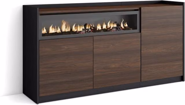 Credenza, Mobile, Cucina, 156x80x37 cm, 3 Porte, Camino elettrico, Rovere scuro e Nero