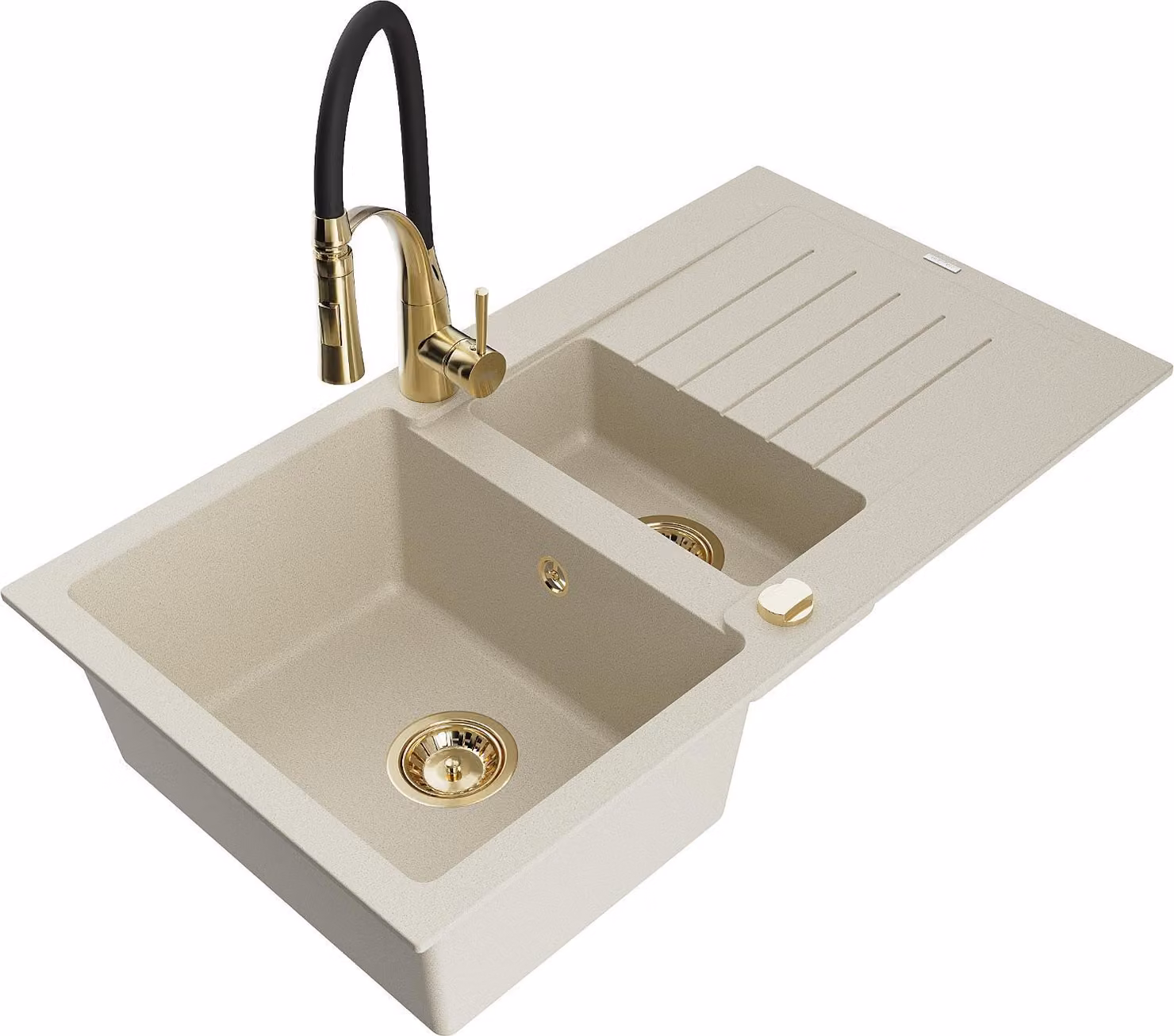 Mexen Matias lavello in granito a 1,5 vasca con gocciolatoio e rubinetto da cucina Aster, beige - 6502-69-73450-57-G