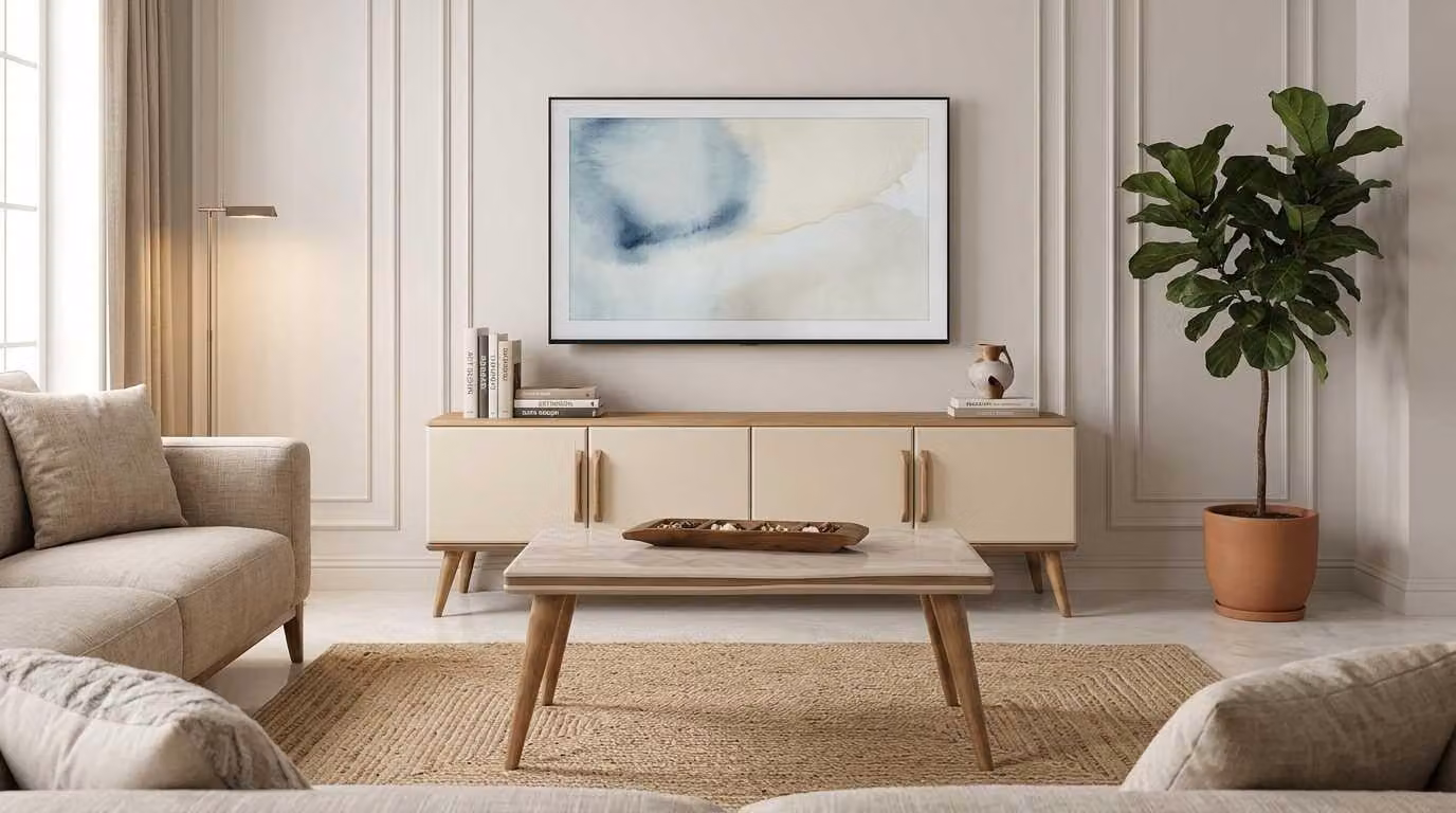 Set soggiorno beige moderno mobile TV basso, tavolino