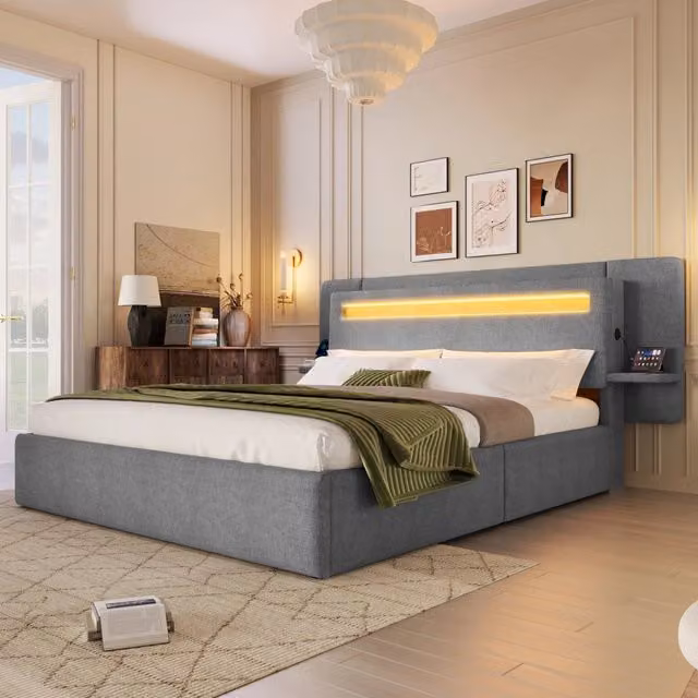 Letto contenitore 140 x 200 cm con contenitore idraulico, LED multicolore, USB e comodino, matrimoniale imbottito in lino grigio con testiera