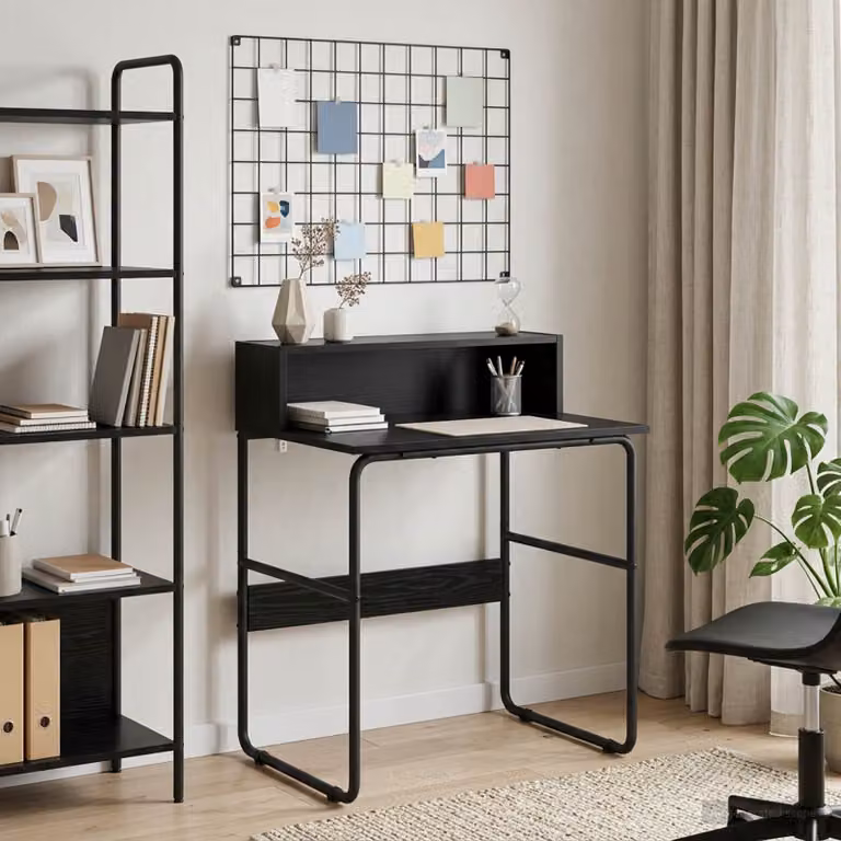 Scrivania moderna vidaXL in legno e metallo con piano rettangolare nero L: 120 cm, P: 60 cm, H: 75 cm
