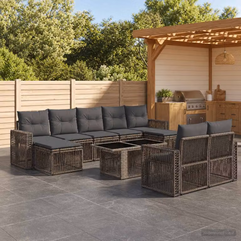 Set Divano da Giardino vidaXL 10 Pezzi in Polyrattan Grigio e Antracite con Cuscini e Tavolino