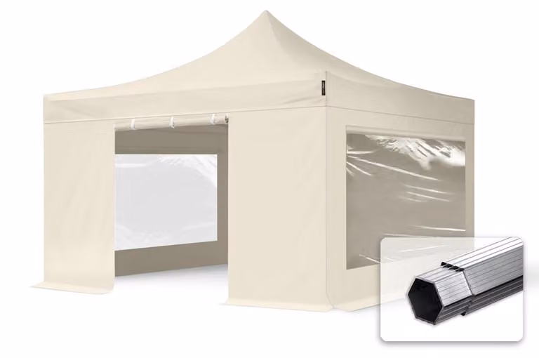 TOOLPORT 4x4m gazebo pieghevole PES con laterali (panoramiche), PROFESSIONAL alluminio, crema