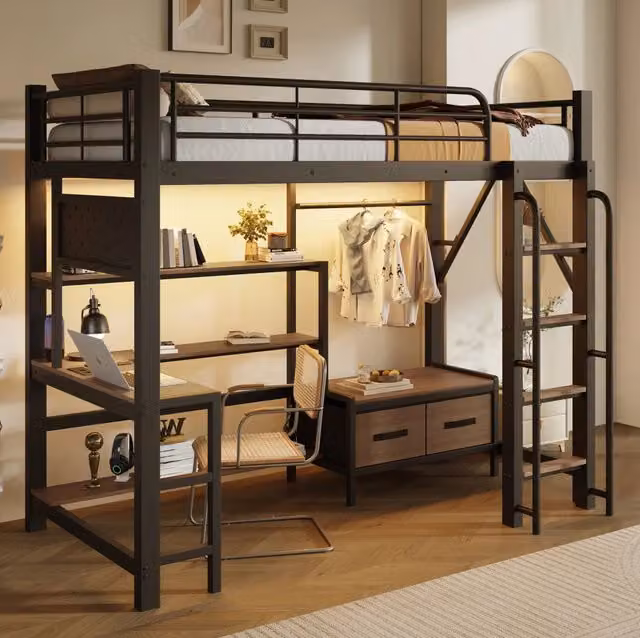 Letto a soppalco per bambini 90x200 cm con struttura in metallo, scrivania integrata, scaffali, cassetti in tessuto e illuminazione LED