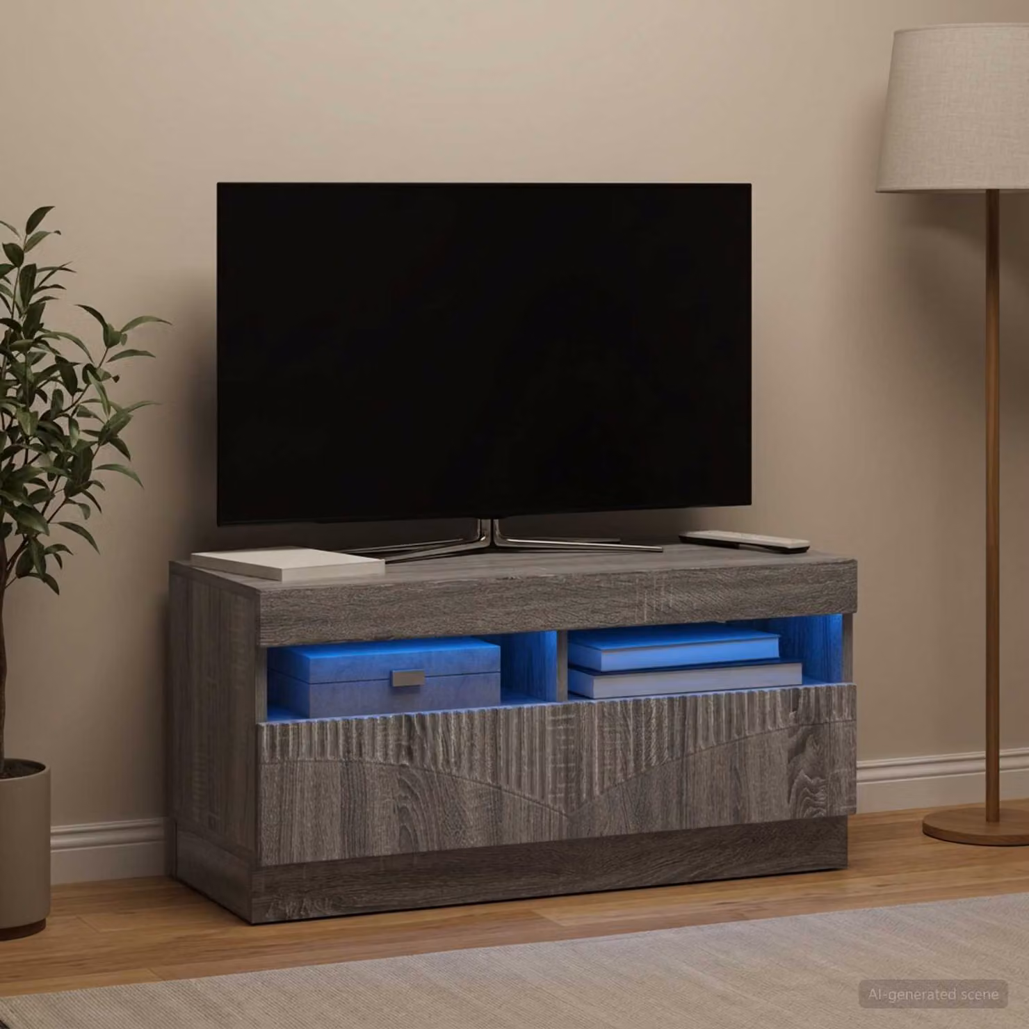 Mobile TV LED vidaXL in legno ingegnerizzato color grigio e sonoma con illuminazione integrata e scomparti multimediali L/P/H: 81,0 x 35,0 x 40,0 cm