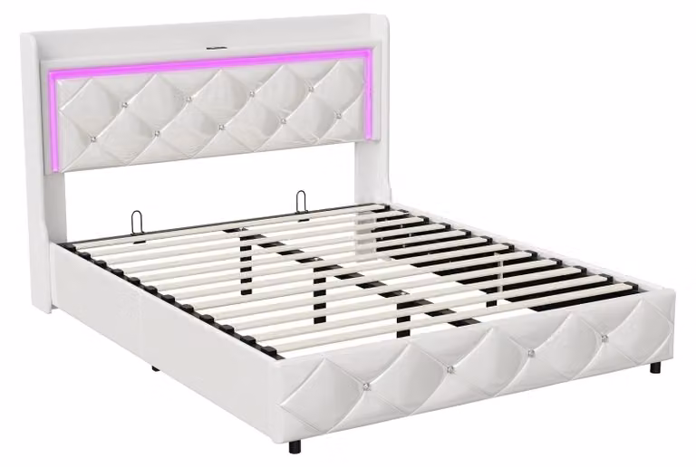 Letto matrimoniale - Struttura imbottita - 140 x 200 cm - Rivestimento inPoliuretano- Illuminazione LED - Spazio contenitivo - Porta USB per ricarica - Bianco
