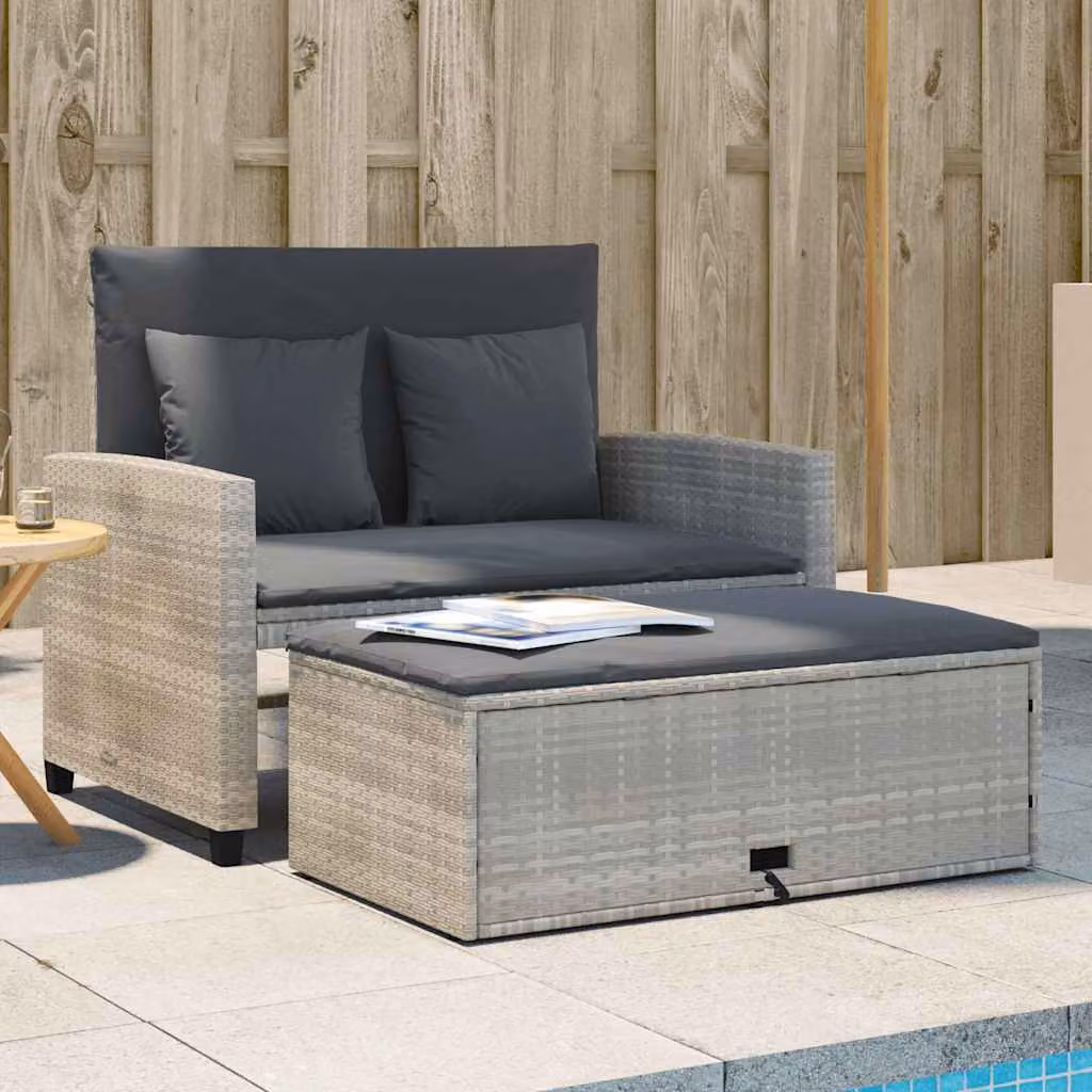 vidaXL Divano da Giardino a 2 Posti in Polyrattan Grigio con Cuscini e Funzione Letto