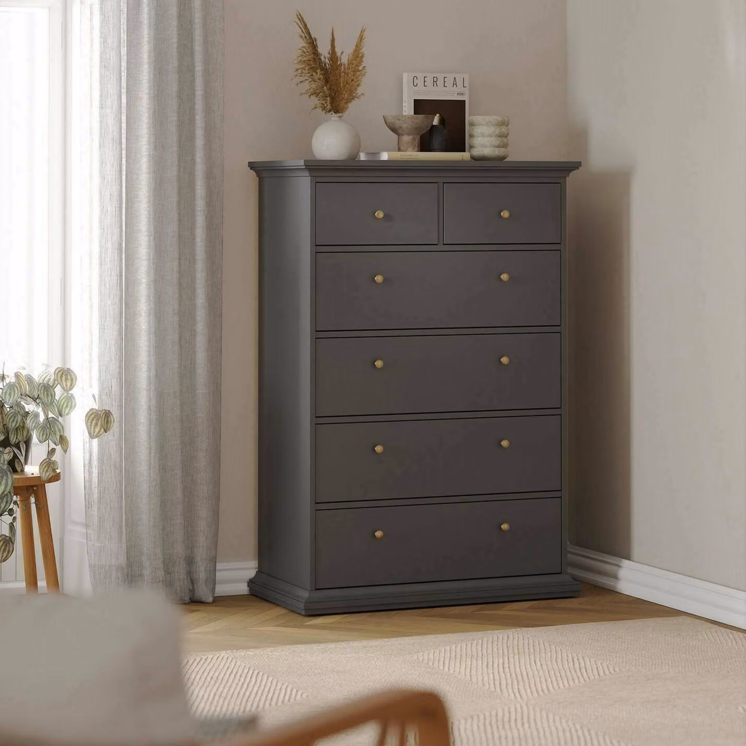 Dmora Cassettiera Gaetana 48.5x96.2x139.48h cm Grigio, 6 Cassetti Apertura Scorrevole