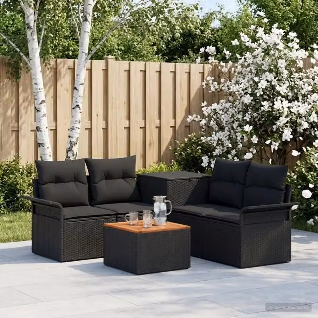 Set di divani 6 pz 4 posto Nero Rattan sintetico e Acciaio 3447070