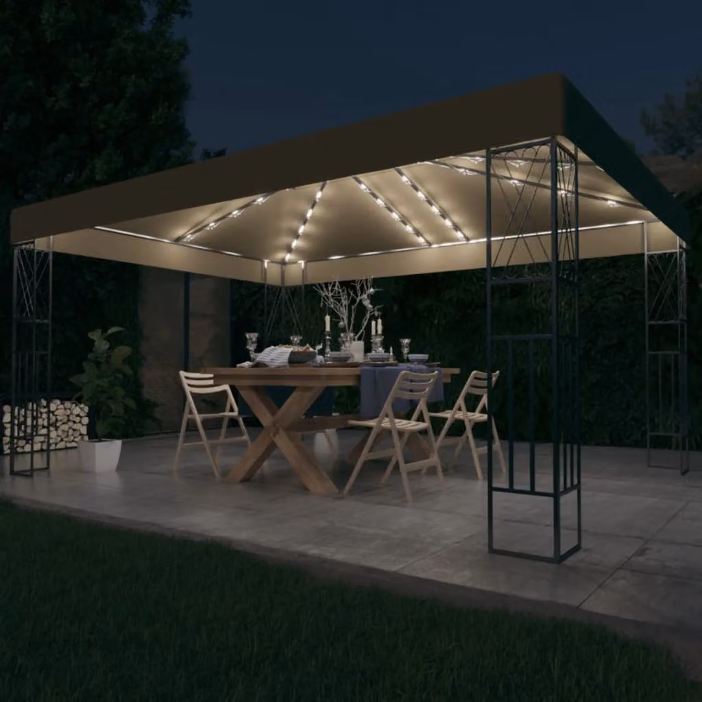 Pavillon "The Living Store" con catena di luci LED, dimensioni 3x4 metri, tessuto color tortora