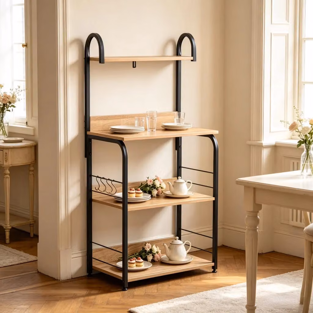 Scaffale da cucina e soggiorno WISHDOR in stile industrial con 4 ripiani, nero e marrone, L 60 cm x P 40 cm x H 125 cm – 2