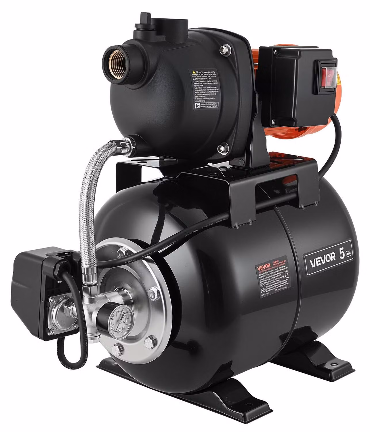 Pompa per pozzi poco profondi da 1,1 HP con serbatoio a pressione, 230 V, 5000 l/h; pompa a getto in plastica per irrigazione con serbatoio da 19 l; sistema automatico di trasferimento e aumento della pressione dell'acqua; pressostato da 1,4-2,8 bar; per
