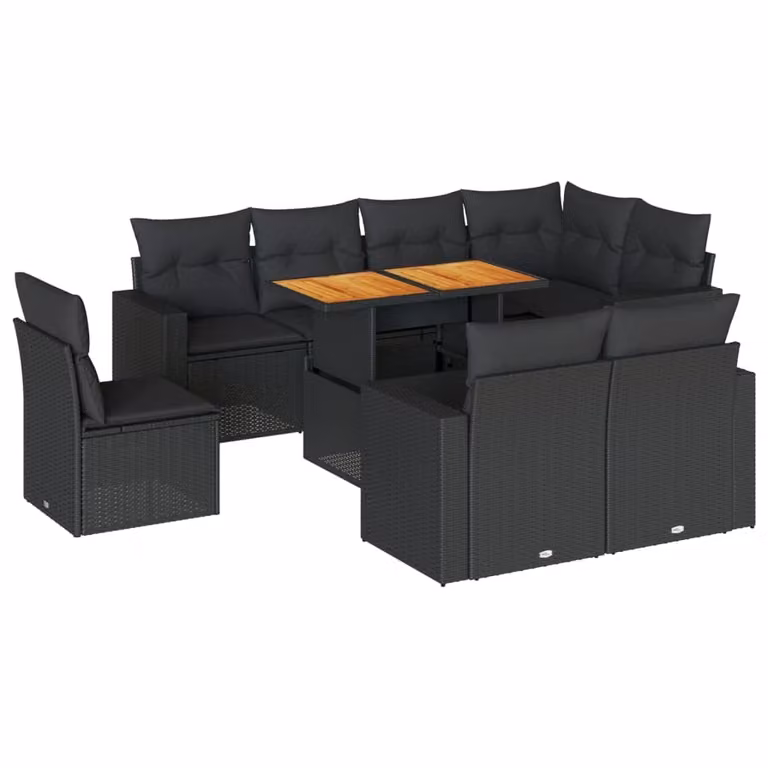 Set Divani da Giardino 9 pz con Cuscini Nero in Polyrattan