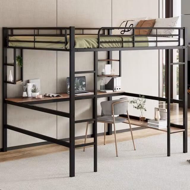 Letto a soppalco 140x200 cm nero in metallo con scrivania e libreria, senza materasso