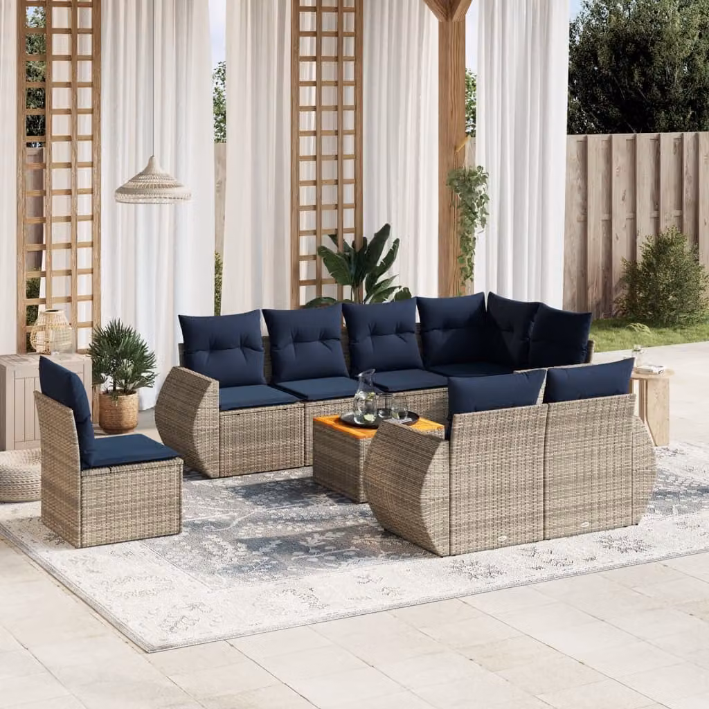 Set di divani da giardino vidaXL in polyrattan grigio con cuscini e tavolino da esterno a forma di L