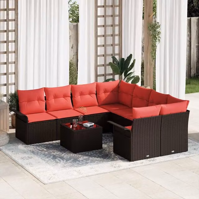 Set Divano da Giardino 9 pz Beige e Rosso polyrattan 3353973