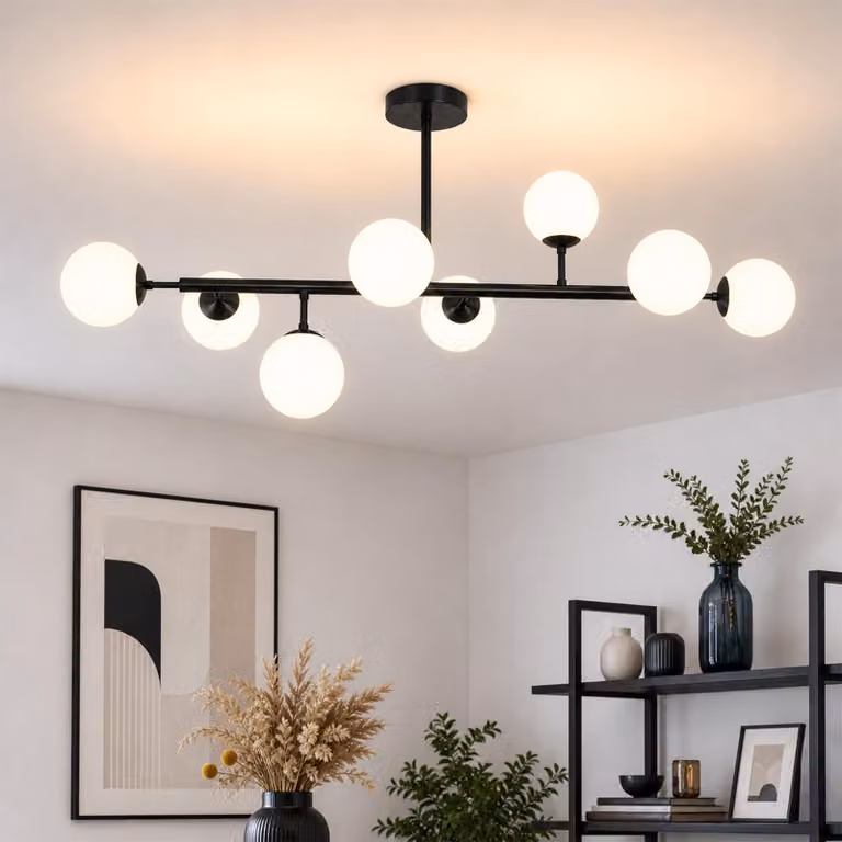 Lampada a soffitto a 8 luci, stile vintage, ideale per soggiorno, camera da letto, ufficio, corridoio o sala da pranzo. Diametro 105 cm. Attacco G9. Lampada da soffitto in vetro nero
