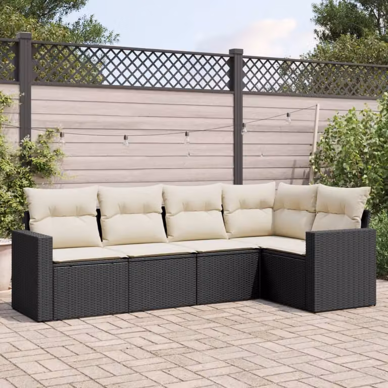 vidaXL Set Divani da Giardino a L 5 pz in Polyrattan Nero con Cuscini e Coperture Rimovibili