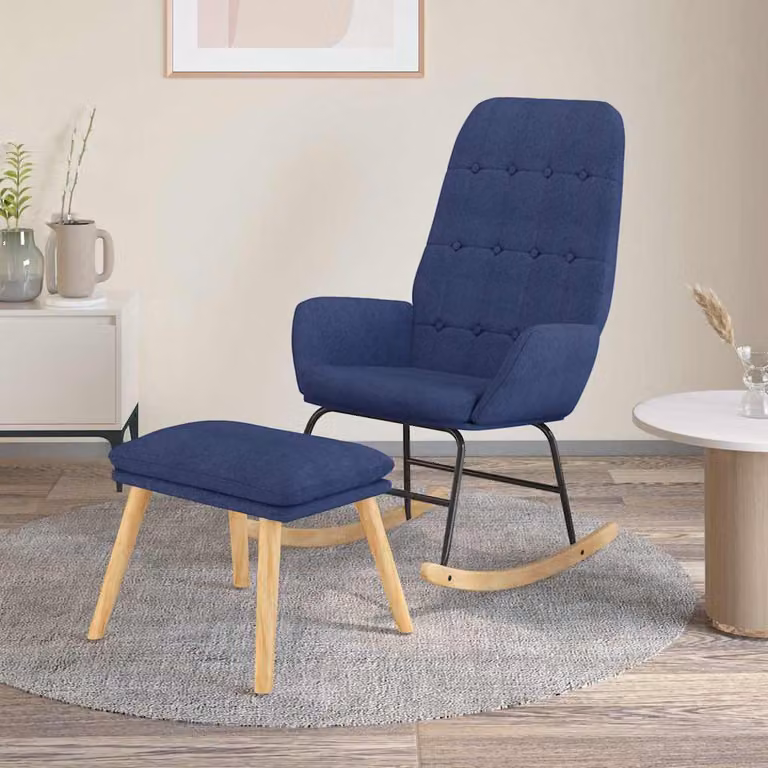 vidaXL Poltrona a Dondolo con Poggiapiedi Blu in Tessuto e Struttura in Legno e Metallo