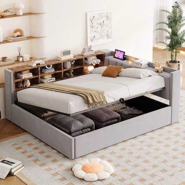 Letto imbottito contenitore con LED ¨C Minimal ¨C grigio velluto 140x200 cm