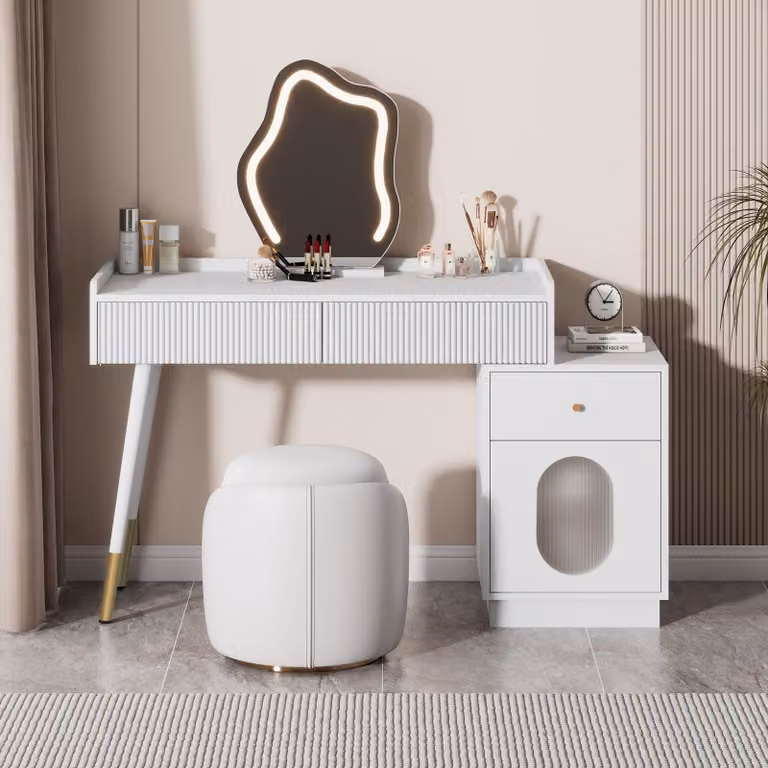 Abrihome, tavolo da toilette con specchio LED e mobiletto, tavolo da toilette con 3 cassetti (senza sgabello)