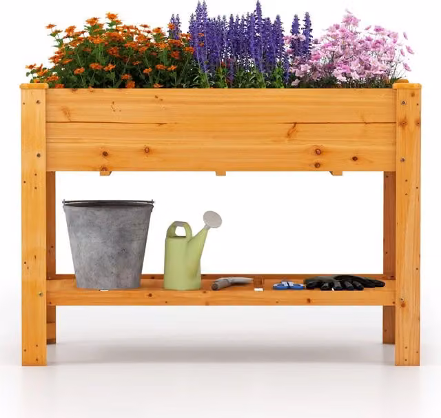Aiuola da giardino rialzata DESIGN IN in legno marrone con ripiano contenitore per orto e piante ornamentali L: 120 cm, P: 80 cm, H: 60 cm