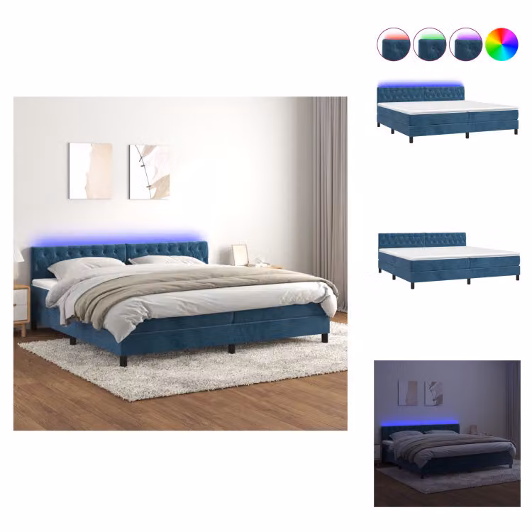 vidaXL Letto a molle con materasso e LED in velluto blu scuro 200x200 cm - Letti & strutture letto
