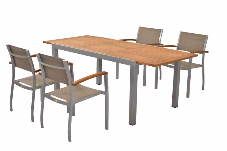 Set di mobili da giardino Merxx Naxos 5 pezzi, 4 sedie impilabili, 1 tavolo allungabile 150 (200) x 90 cm - alluminio/tessuto/acacia