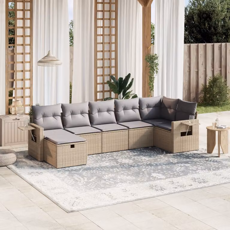 vidaXL Set Divano da Giardino 7 pz a Forma a L con Cuscini Beige e Grigio in Polyrattan e Acciaio