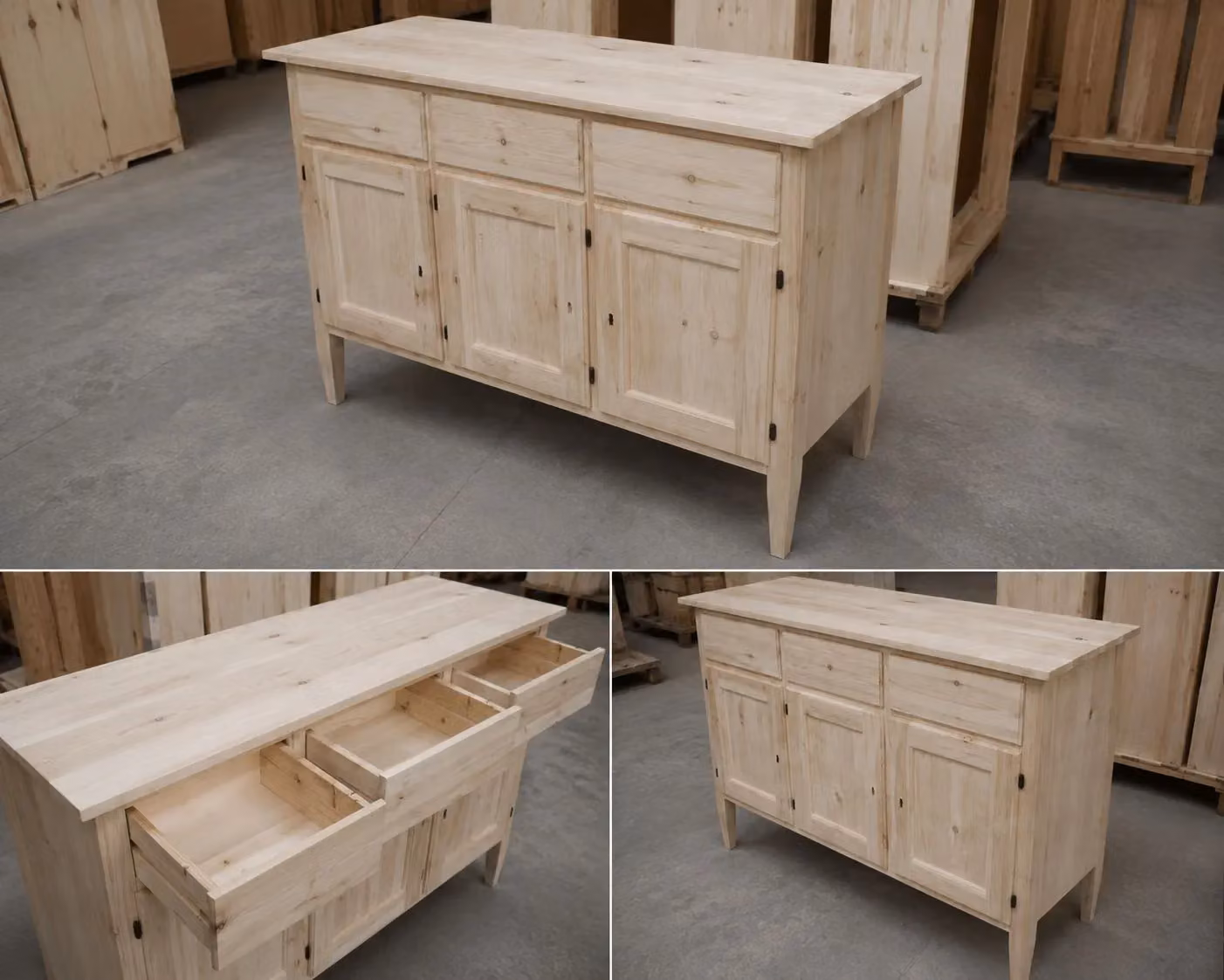 Credenza Mobili 2G in legno di pioppo grezzo con 3 porte e 3 cassetti, L/P/H: 105 x 42 x 82 cm – 2