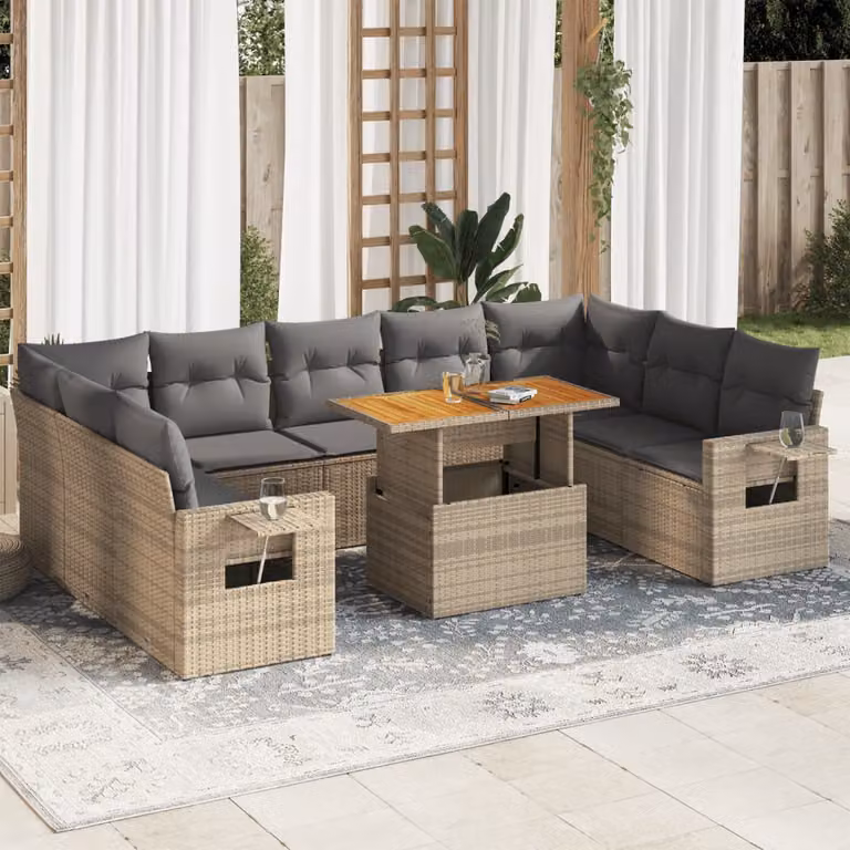 vidaXL Set Divano da Giardino 10 pz in Polyrattan con Cuscini Beige e Tavolino da Esterno