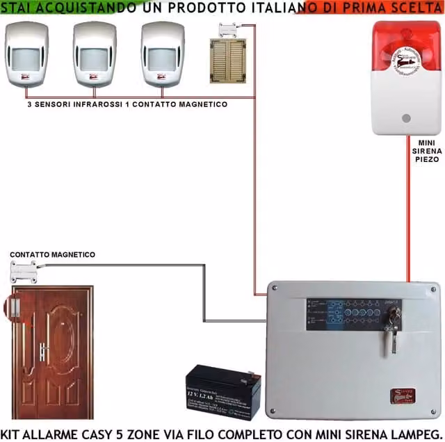 Kit Impianto Antifurto Securvera a 5 Zone con 2 Contatti Magnetici per Infissi Non Ferrosi, 3 Sensori di Movimento Infrarossi, Mini Sirena Lampeggiante Esterna e 2 Chiavi in Metallo, Bianco