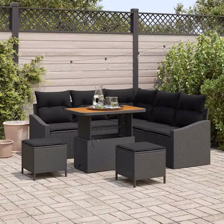 Set Divano da Giardino vidaXL 8 pz in Polyrattan Nero con Cuscini e Tavolino da Esterno
