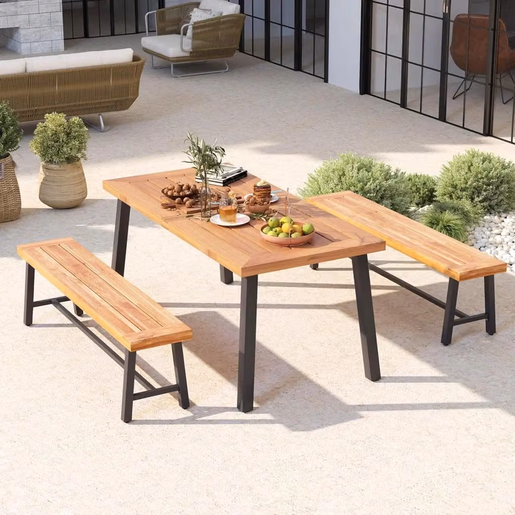 Set di 2 Panchine da Giardino Costway in Legno di Acacia Marrone con Gambe in Metallo, L/P/H: 160 x 32 x 45 cm – 2