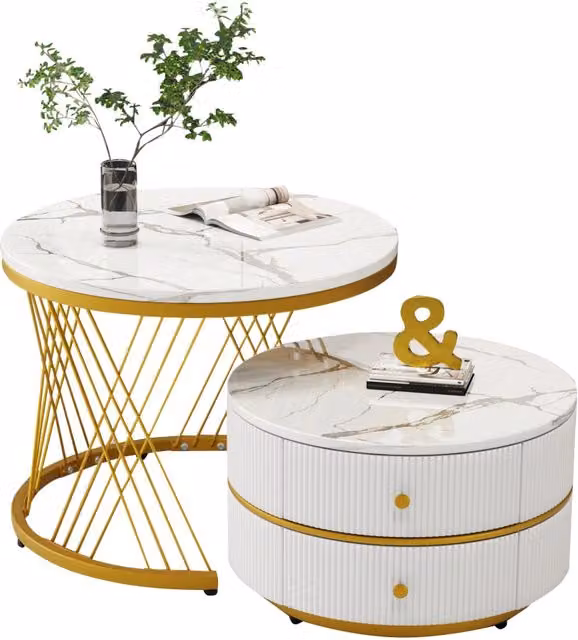 Set di 2 tavolini da caffè rotondi a incastro 60 e 50 cm MDF bianco， 2 cassetti