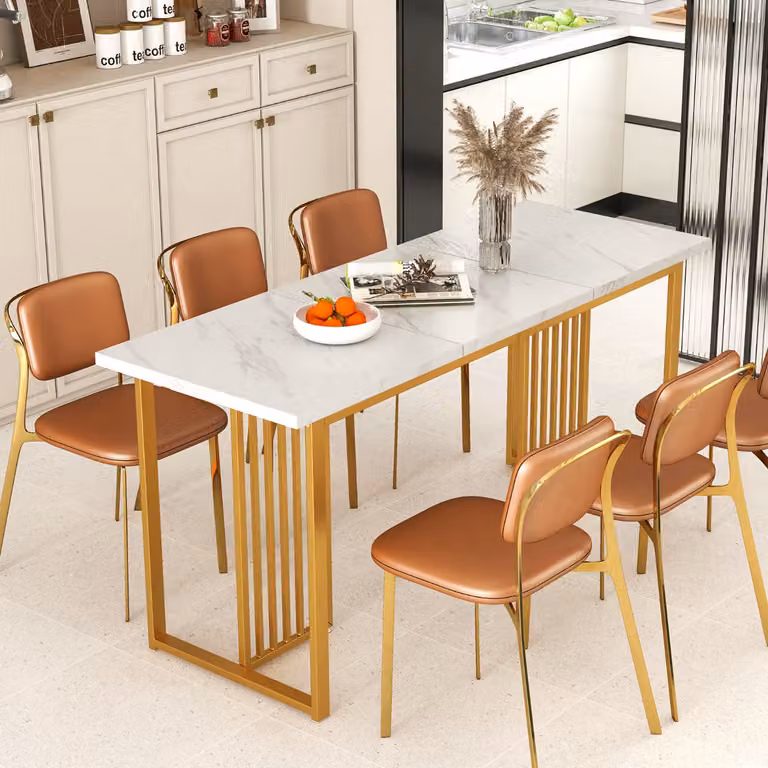Tavolo da pranzo moderno Costway rettangolare con piano in finto marmo bianco per 6-8 persone