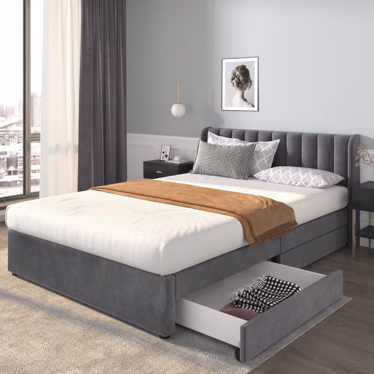 Letto imbottito 160 x 200 cm, rivestito in velluto, con rete a listelli e 2 cassetti, alta testiera per appoggiare la schiena, struttura del letto grigia