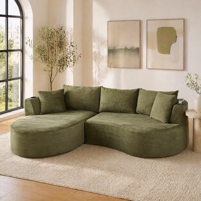 Divano 3 posti curvo in tessuto effetto corduroy; verde; con portabicchieri e cuscini