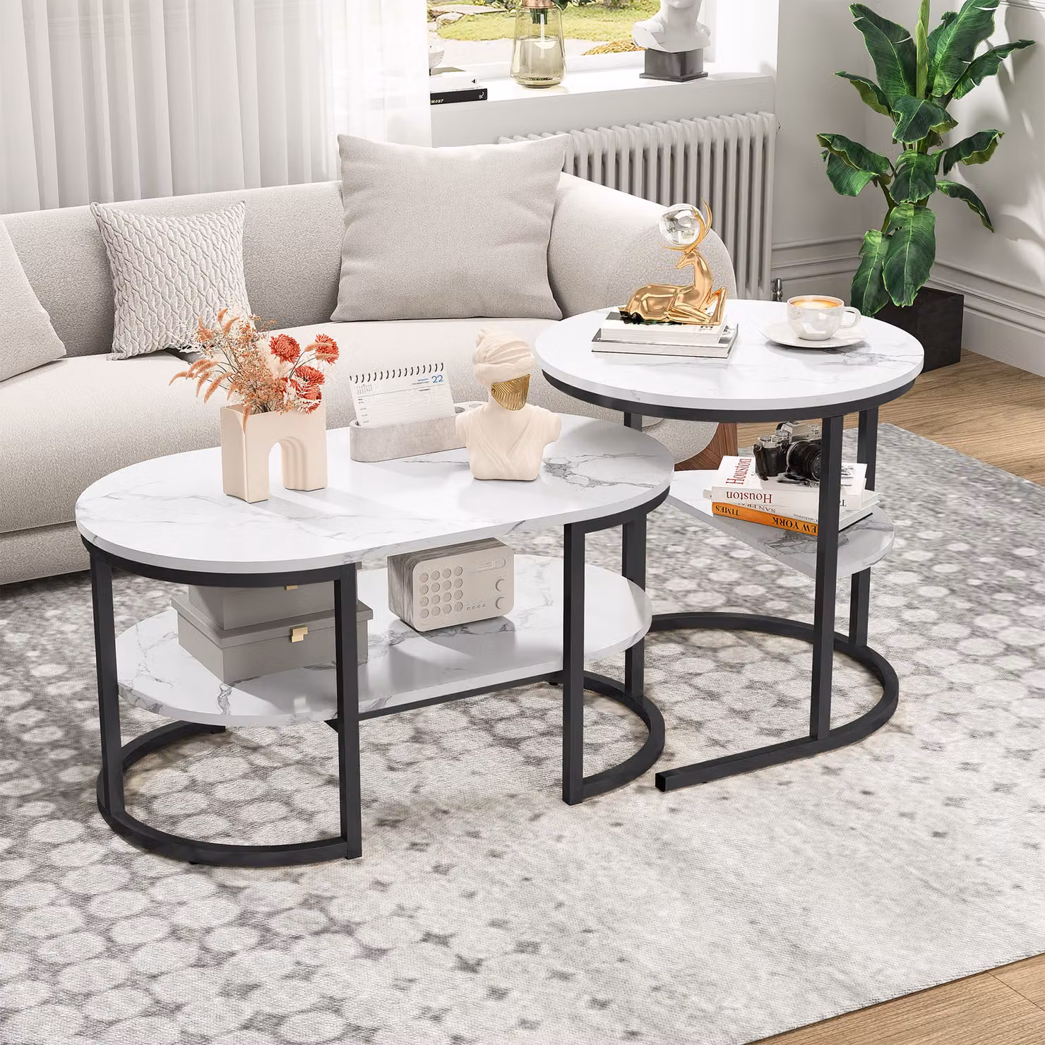 UnboxG 2in1 tavolino rotondo set di 2, tavolino in marmo artificiale con struttura in metallo nero, tavolino rotondo, tavolino da salotto moderno, tavolini da salotto per camera da letto
