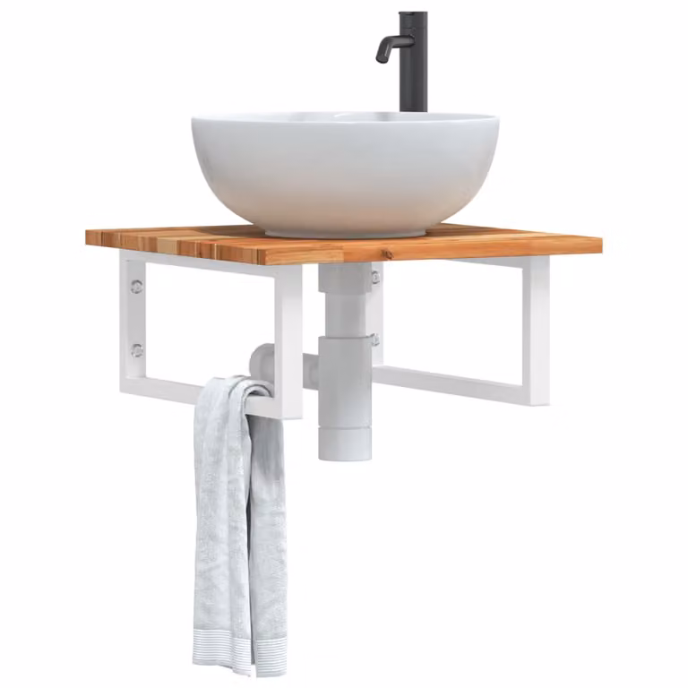 vidaXL Ripiano a Parete per Lavabo in Legno di Acacia Oliato e Metallo, Moderno, Bianco e Marrone