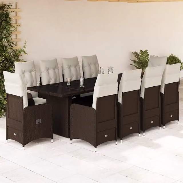 Set Bistrò da Giardino vidaXL 11 pz in Polyrattan Marrone e Bianco con Cuscini e Tavolo in Vetro