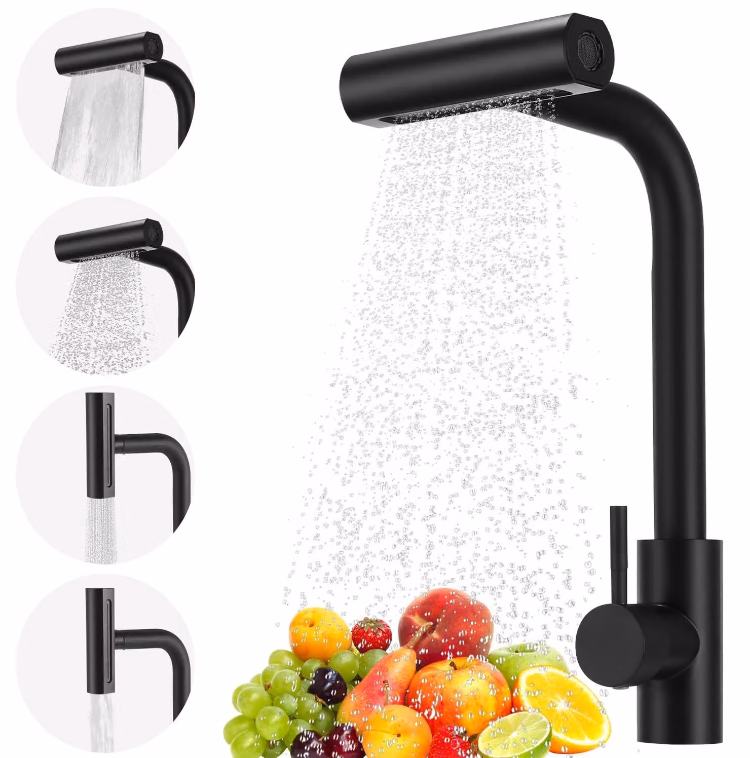 Miscelatore da cucina da 3/8 di pollice, estraibile, con 4 modalità, erogatore a cascata, rotazione a 360°, in acciaio inossidabile, per lavelli