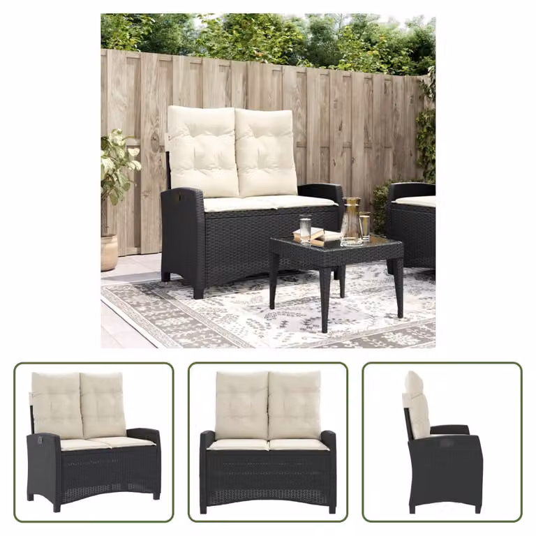 The Living Store Panca da giardino regolabile con cuscini in poly rattan nero