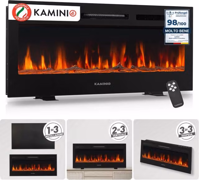 KAMINIO Camino elettrico MARLON - Camino elettrico 3 in 1 con riscaldatore, effetto fiamma 3D, 12 colori di fiamma, telecomando - 42 pollici