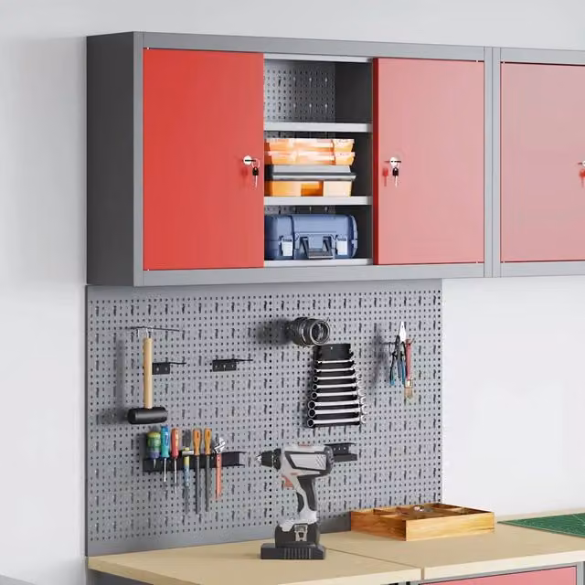 Set di 3 armadi per attrezzi da parete vidaXL in acciaio rosso e grigio con scaffale e serratura
