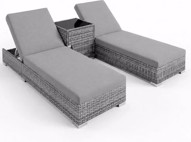 Set 2 Lettini Prendisole In Polyrattan Con Tavolino Contenitore E Cuscini Schienale Regolabile 5 Posizioni Sdraio Da Giardino Terrazzo Piscina Relax Arredo Esterno 184 x 60 x 21 Cm Grigio